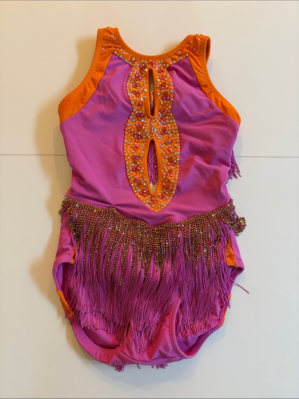 Girls Pink & Orange Sequin Fringe Dance Leotard